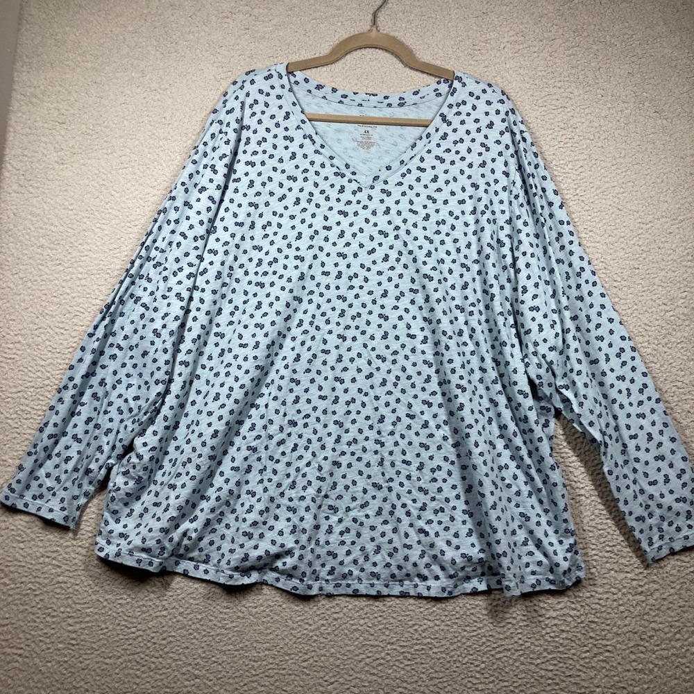 Sonoma Everyday Tee Women 4X Blue Floral V-Neck Long Sleeve Plus Size Cotton